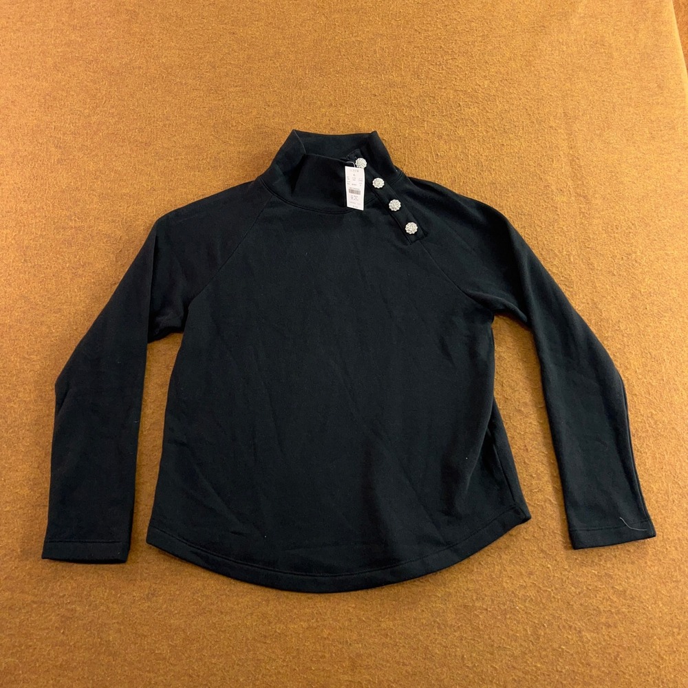 J.Crew Womens Small Black Rhinestone Button Mock Neck Raglan Sweatshirt NWT